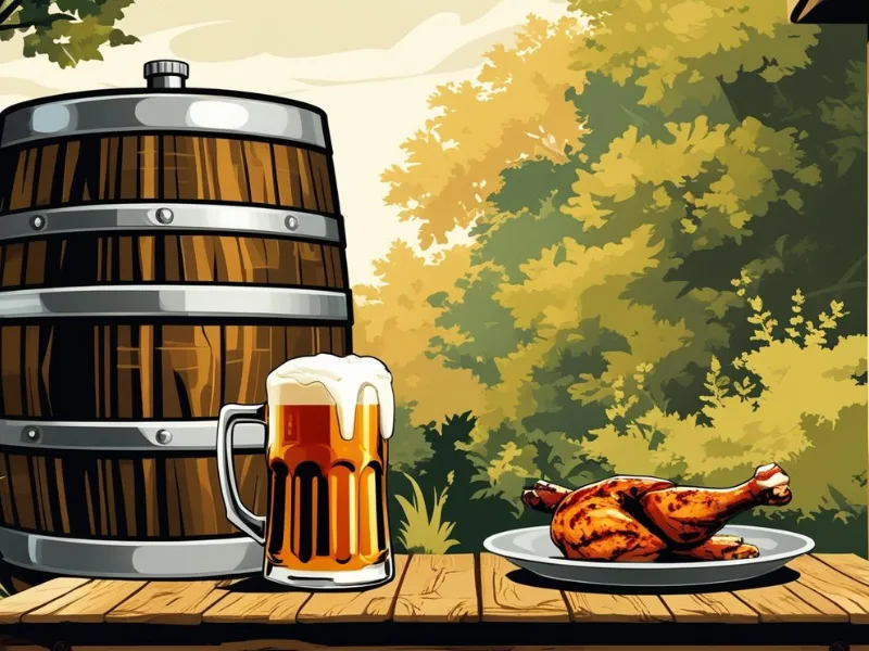 Ki-generiertes Symbolbild eines 200l Holzfasses im Biergarten mit Hendl | Riegele